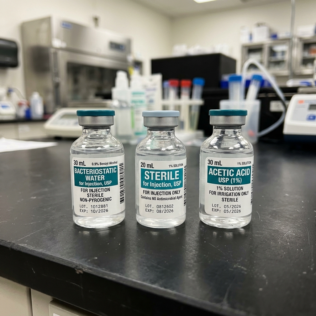 Comparación de solventes para péptidos Agua bacteriostática vs agua estéril vs agua de ácido acético para péptidos
