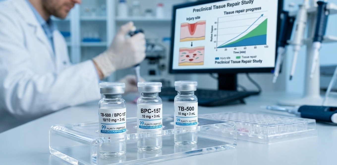 BPC-157 and TB-500 research vials alongside a tissue-repair pathway diagram illustrating combined stack mechanisms