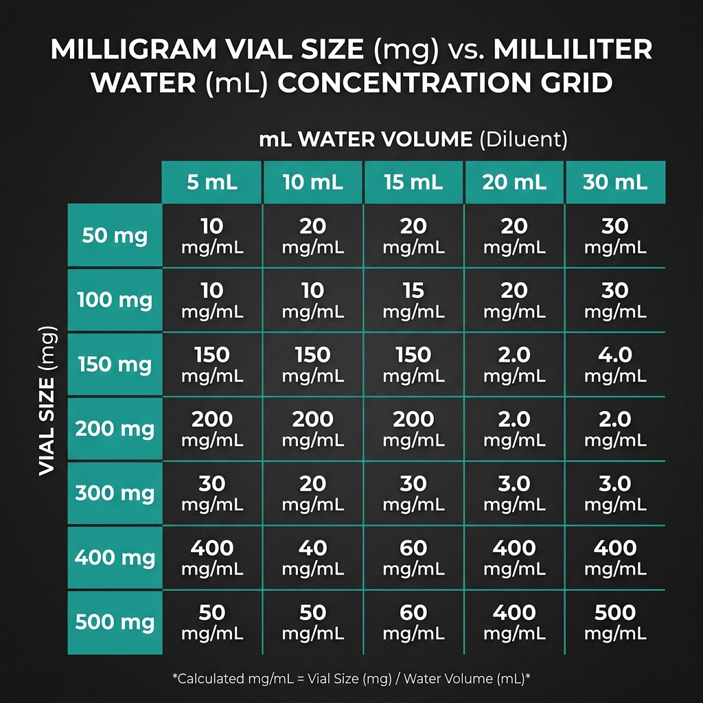Infografía de tabla de concentración de péptidos Tabla de reconstitución de péptidos mostrando mg/mL por tamaño de vial y volumen de agua